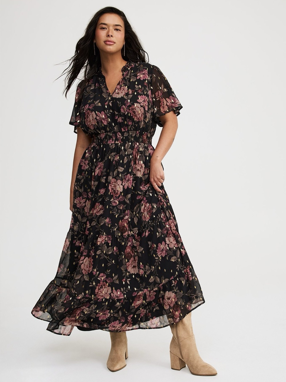 TORRID Ruffle Neckline Black Maxi Dress with Dusty Mauve Floral Print